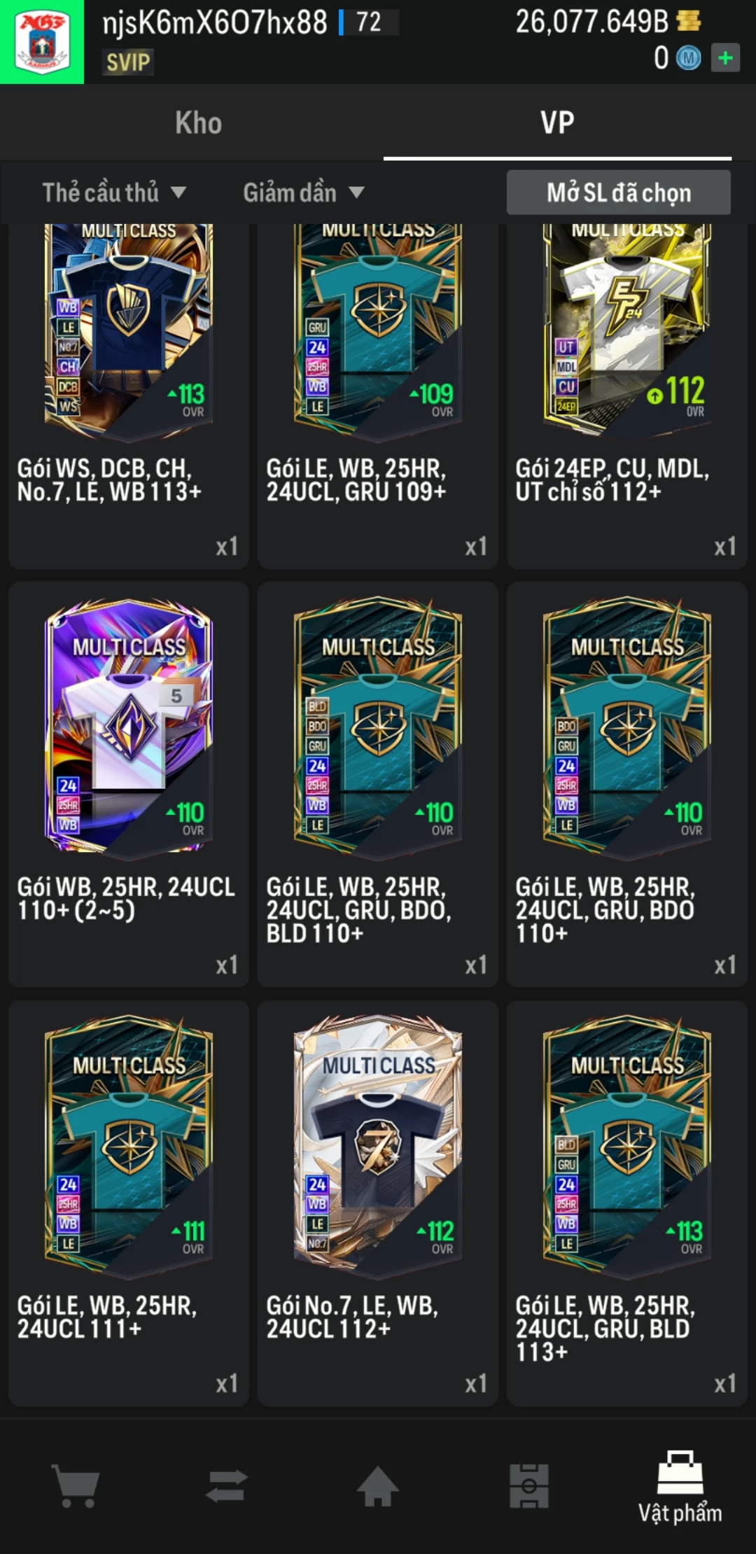 Ảnh ACC mở thẻ (LOẠI SVIP) bao gồm 1 gói thẻ +12 và 500+ đến 600+ thẻ cầu thủ từ Siêu sao đến Miền núi các loại. Có sẵn BP trắng trong acc từ 18.000 tỷ BP đến 26.000 tỷ BP, kèm theo nhiều ngày SVIP